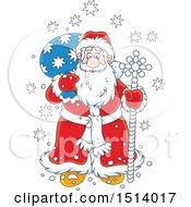 Clipart Of A Christmas Santa Claus With A Pole And Sack In The Snow Royalty Free Vector Illustration