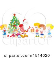 Clipart Of A Group Of Kids Receiving Christmas Gifts From Santa By A Tree Royalty Free Vector Illustration