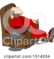 Clipart Of A Cartoon Chubby White Man In Pajamas Sitting In A Chair And Talking On The Phone Royalty Free Vector Illustration