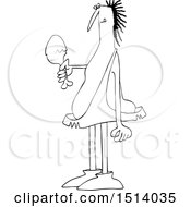 Clipart Of A Cartoon Outline Caveman Holding A Meaty Drumstick Royalty Free Vector Illustration