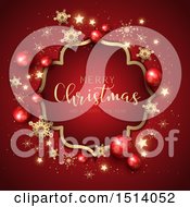 Poster, Art Print Of Merry Christmas And A Happy New Year Greeting In A Frame With Baubles Stars And Snowflakes On Red