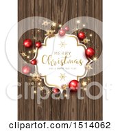 Clipart Of A Merry Christmas And A Happy New Year Greeting With Stars Snowflakes And Baubles Over Wood Royalty Free Vector Illustration