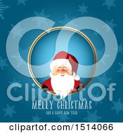 Clipart Of A Merry Christmas And A Happy New Year Greeting With Santa In A Frame Over Snowflakes Royalty Free Vector Illustration