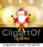 Poster, Art Print Of Merry Christmas Greeting With Santa A Bow And Snowflakes