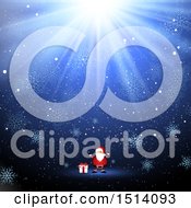 Clipart Of A Christmas Santa Claus With A Gift Under A Shining Light And Snowflakes Royalty Free Vector Illustration