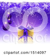 Poster, Art Print Of 3d Purple Background With Suspended Christmas Baubles A Gift And Snowflakes
