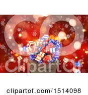 Poster, Art Print Of 3d Santa Sack With Christmas Gifts Over Red Bokeh And Snowflakes