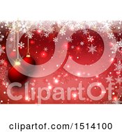 Clipart Of A 3d Red Background With Suspended Christmas Baubles And Snowflakes Royalty Free Vector Illustration