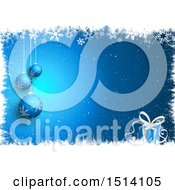 Poster, Art Print Of Blue Christmas Background With 3d Baubles And A Gift In A Border Of Snowflakes