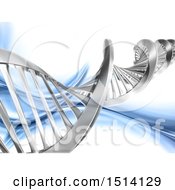 Clipart Of A 3d Chrome Dna Strand Over Blue Waves Royalty Free Illustration