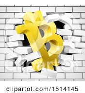 Clipart Of A 3d Gold Bitcoin Currency Symbol Breaking Through A White Brick Wall Royalty Free Vector Illustration