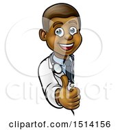 Clipart Of A Cartoon Friendly Black Male Doctor Giving A Thumb Up Around A Sign Royalty Free Vector Illustration