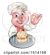 Clipart Of A Chef Pig Holding A Cupcake On A Tray And Gesturing Okay Royalty Free Vector Illustration by AtStockIllustration