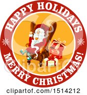 Clipart Of A Santa Claus Sitting In A Chair In A Happy Holidays Merry Christmas Frame Royalty Free Vector Illustration