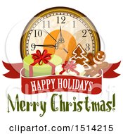 Clipart Of A Clock With Gifts And Gingerbread Cookies Over A Happy Holidays Merry Christmas Banner Royalty Free Vector Illustration