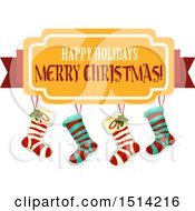 Poster, Art Print Of Group Of Christmas Stockings And Happy Holidays Merry Christmas Banner