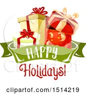 Clipart Of A Happy Holidays Greeting And Christmas Presents Royalty Free Vector Illustration