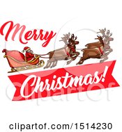 Clipart Of A Santa Claus And Magic Reindeer With A Sleigh With Merry Christmas Text Royalty Free Vector Illustration