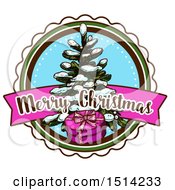 Clipart Of A Merry Christmas Greeting With A Tree Snow And A Gift Royalty Free Vector Illustration