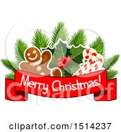 Clipart Of A Gingerbread Man With Holly And Candy Canes Over A Merry Christmas Banner Royalty Free Vector Illustration