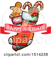 Poster, Art Print Of Christmas Stocking With A Gingerbread Man Poinsettia And Candy Canes And A Happy Holidays Banner