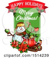 Poster, Art Print Of Happy Holidays Merry Christmas Snowman With Poinsettias A Robin And A Sack With Gifts On A Sleigh