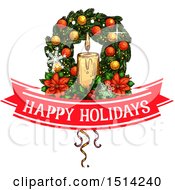 Poster, Art Print Of Christmas Wreath With Poinsettias And Candles Over A Happy Holidays Banner