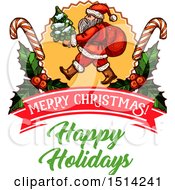 Clipart Of A Santa Claus Carrying A Tree In A Holly And Candy Cane Frame With Merry Christmas Happy Holidays Text Royalty Free Vector Illustration