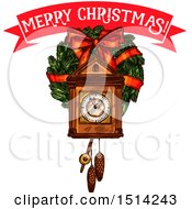 Poster, Art Print Of Merry Christmas Banner Over A Cukoo Clock And A Wreath