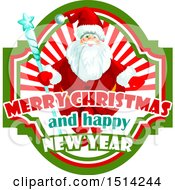 Clipart Of A Santa Claus Holding A Staff With Merry Christmas And Happy New Year Text Royalty Free Vector Illustration