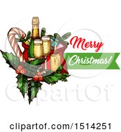 Clipart Of A Merry Christmas Greeting With A Champagne Bottle And Glases With Gifts Holly A Candy Cane And Candle Royalty Free Vector Illustration