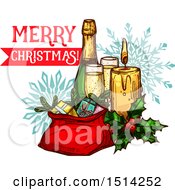 Clipart Of A Merry Christmas Greeting With A Champagne Bottle With Glasses A Candle Holly And Sack Of Gifts Over Snowflakes Royalty Free Vector Illustration