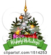Clipart Of A Christmas Tree With Gifts Over A Happy Holidays Banner Royalty Free Vector Illustration