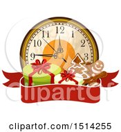 Poster, Art Print Of Clock With Gifts And Gingerbread Cookies Over A Banner