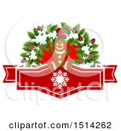 Clipart Of A Gingerbread Man And Christmas Wreath Over A Snowflake Banner Royalty Free Vector Illustration