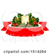 Clipart Of A Christmas Candle With Holly Over A Banner Royalty Free Vector Illustration