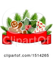 Clipart Of A Gingerbread Man With Holly And Candy Canes Over A Banner Royalty Free Vector Illustration
