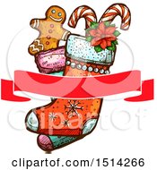 Clipart Of A Christmas Stocking With A Gingerbread Man Poinsettia And Candy Canes And A Banner Royalty Free Vector Illustration