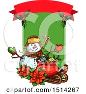 Poster, Art Print Of Christmas Snowman With Poinsettias A Robin And A Sack With Gifts On A Sleigh With Text Space