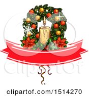 Poster, Art Print Of Christmas Wreath With Poinsettias And Candles Over A Banner