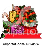 Clipart Of A Christmas Wreath Poinsettia Candy Cane Candle And Gifts Over A Banner Royalty Free Vector Illustration by Vector Tradition SM