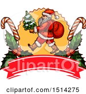 Poster, Art Print Of Santa Claus Carrying A Tree In A Holly And Candy Cane Frame Above A Banner