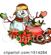 Poster, Art Print Of Christmas Snowman With Poinsettias A Robin And A Sack With Gifts On A Sleigh