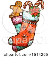 Poster, Art Print Of Christmas Stocking With A Gingerbread Man Poinsettia And Candy Canes