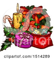 Poster, Art Print Of Christmas Wreath Poinsettia Candy Cane Candle And Gifts