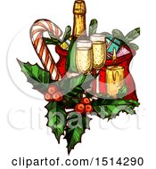 Champagne Bottle And Glases With Gifts Holly A Candy Cane And Candle