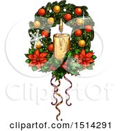 Poster, Art Print Of Christmas Wreath With Poinsettias And A Candles