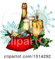 Champagne Bottle With Glasses A Candle Holly And Sack Of Gifts Over Snowflakes