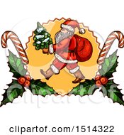 Poster, Art Print Of Santa Claus Carrying A Tree In A Holly And Candy Cane Frame