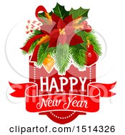 Poster, Art Print Of Happy New Year Greeting With Poinsettia With Candy Canes Holly Branches And Baubles